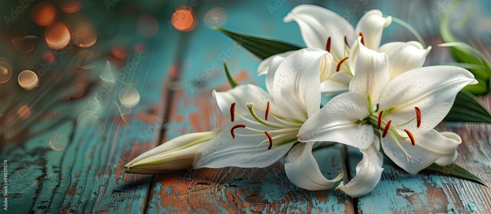 Poster Close up of Lily flowers on a wooden background with copy space image