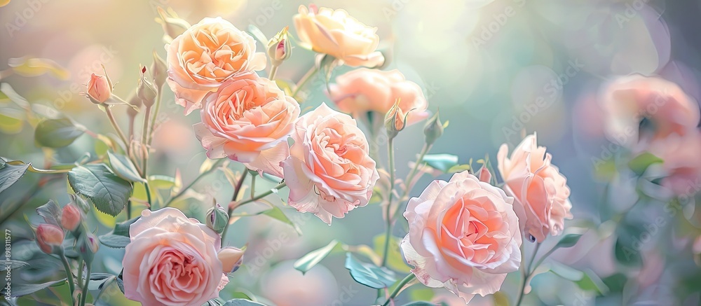 Poster Collage of roses blooming in summer with a soft pastel tone selective focus perfect for adding text or graphics against a blank background in an image. Creative banner. Copyspace image