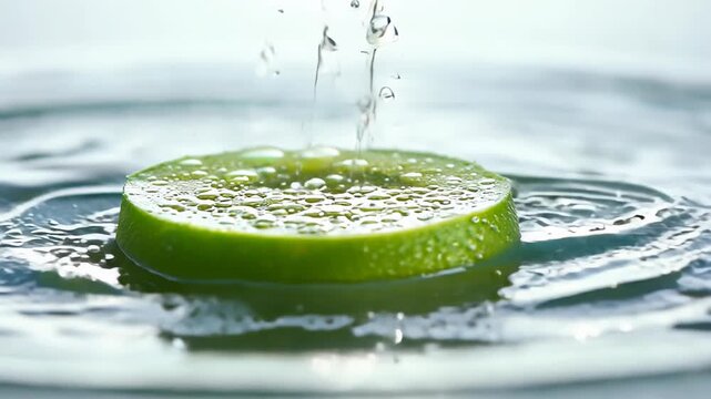 lemon dipped in water with splashes around. Refreshing drinks and recipes concept, dietary products