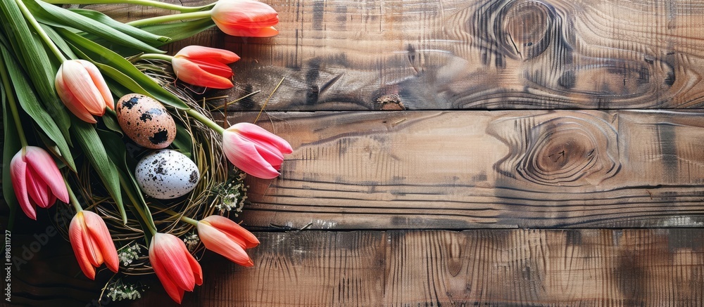 Aufkleber decorative easter eggs with tulips on a wooden backdrop with copy space image
