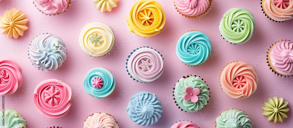 Poster Colorful cupcakes adorned with sugar paste and cream are displayed as artistic creations at a party captured in a flat lay top view copy space image