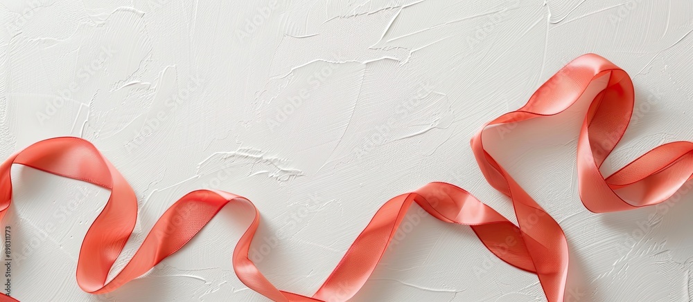 Aufkleber coral silk ribbon shines on a white background in a festive themed flat lay with copy space image