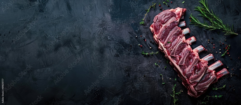 Leinwandbilder A butcher table displaying a raw rack of lamb ribs with a dark background in a top view Ample copy space for customization in the image