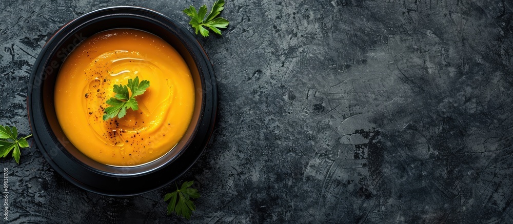 Poster Top view of a classic pumpkin soup presented on a dark slate table with ample copy space image