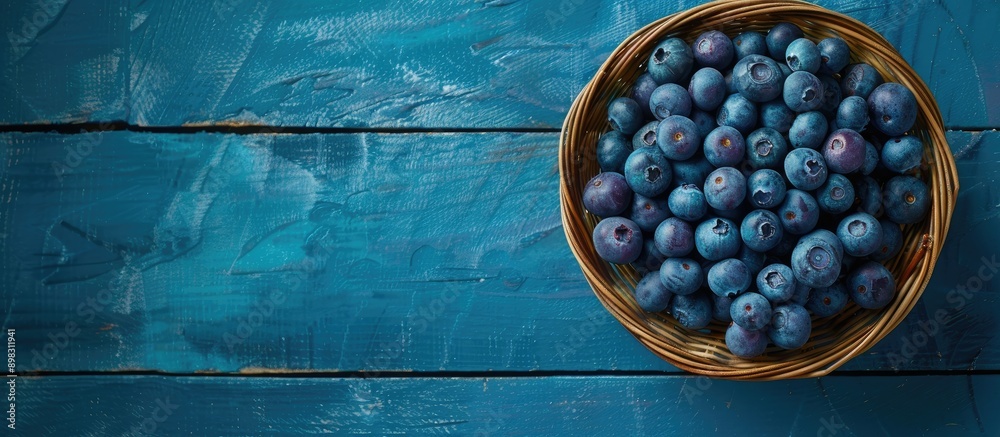 Poster blueberries in a wicker bowl on a blue wooden table in a flat lay shot background concept with a cop