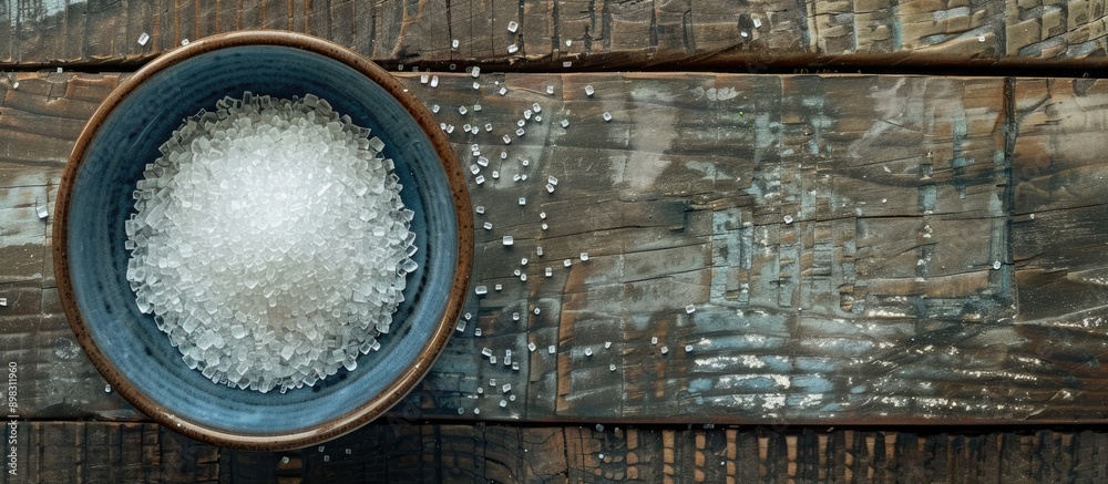 Poster close up of granulated sugar in a bowl on a wooden table providing copy space image