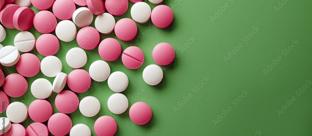 Poster bulk white and pink tablets on a green background with copy space image