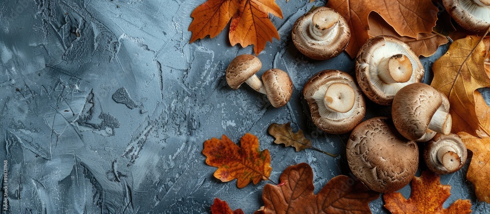 Poster top down view on brown champignon mushrooms and oak leaves on a grey surface capturing a fall ambien