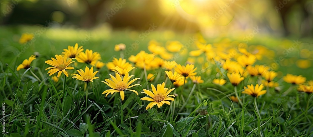 Poster bright yellow daisies blooming in the grass on a sunny summer day with a natural setting ideal for a
