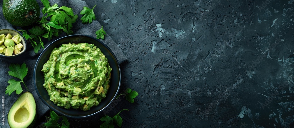 Poster Top down view of a bowl filled with fresh guacamole on a dark backdrop providing ample copy space for text or editing