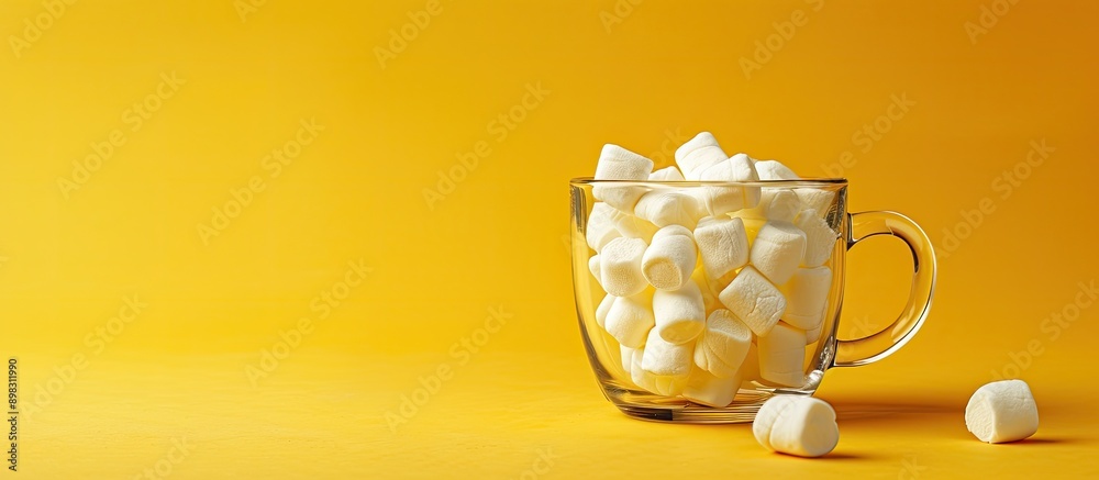 Poster creative concept of a glass cup with marshmallows on a yellow background featuring copy space image