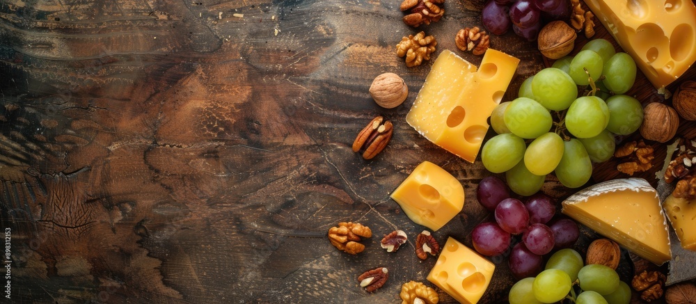 Poster Cheese arrangement with nuts and grapes shot from above with ample free copy space for text or design elements in the image