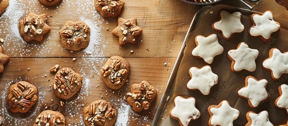 Poster Top view displaying a delectable batch of gingerbread cookies filled with nuts being baked with a designated area for text in the image. Creative banner. Copyspace image