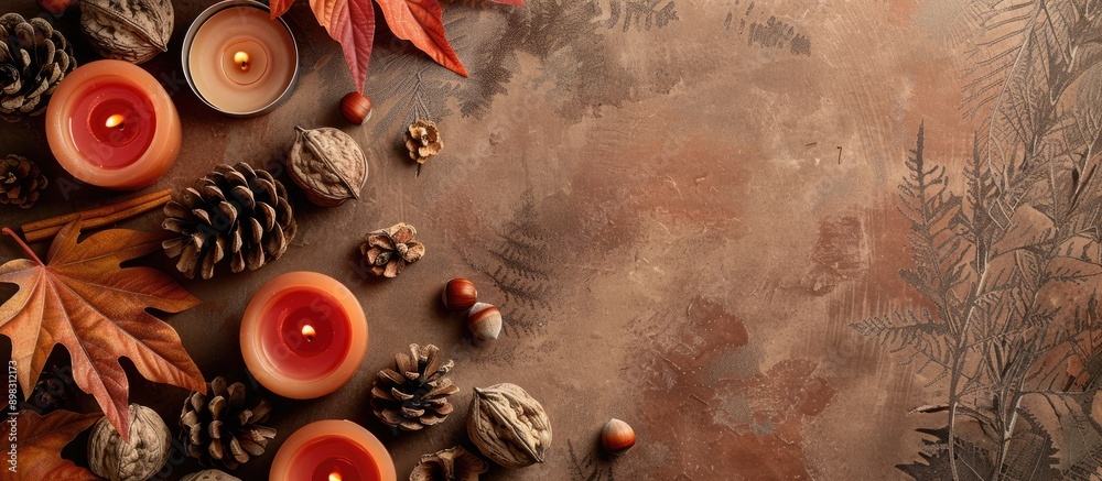 Leinwandbilder Craft paper background with autumn themed items like candles walnuts and cones arranged in a flat lay view for Fall and Thanksgiving concepts featuring copy space image