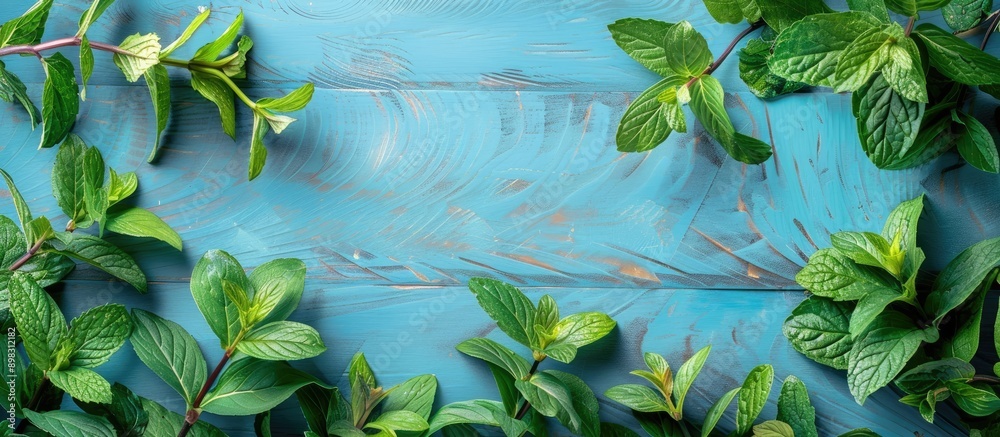 Aufkleber Close up view of vibrant wild mint leaves and branches on a blue wooden table background with copy space image