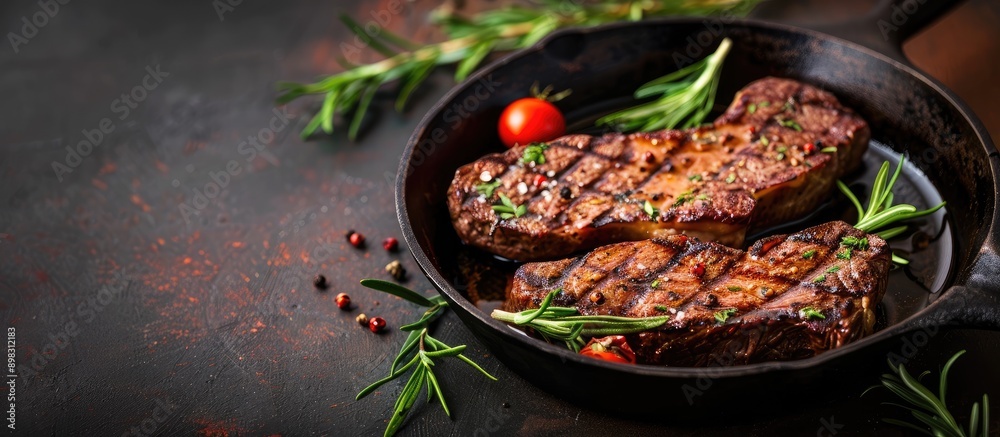 Poster cooking steak on a cast iron pan set against a background with ample copy space image