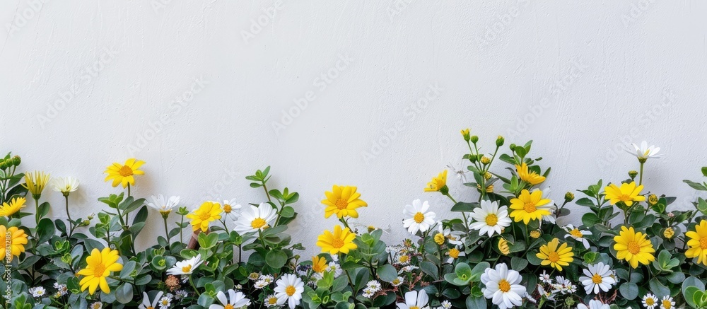 Poster a close up image of yellow and white flowers in a flowerbed set against a white wall with ample copy