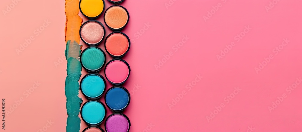 Aufkleber colorful makeup shades displayed on a pink table in a top view flat lay setup with available copy sp
