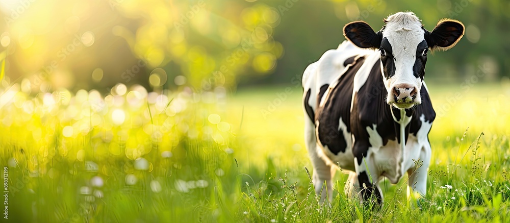 Poster A cow in black and white spots peacefully nibbling on grass in a spacious meadow appearing directly at the viewer in a photo with copy space image