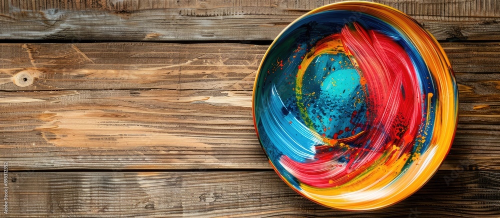 Fototapete view from above of a colorful plate on wood backdrop with copy space image for design