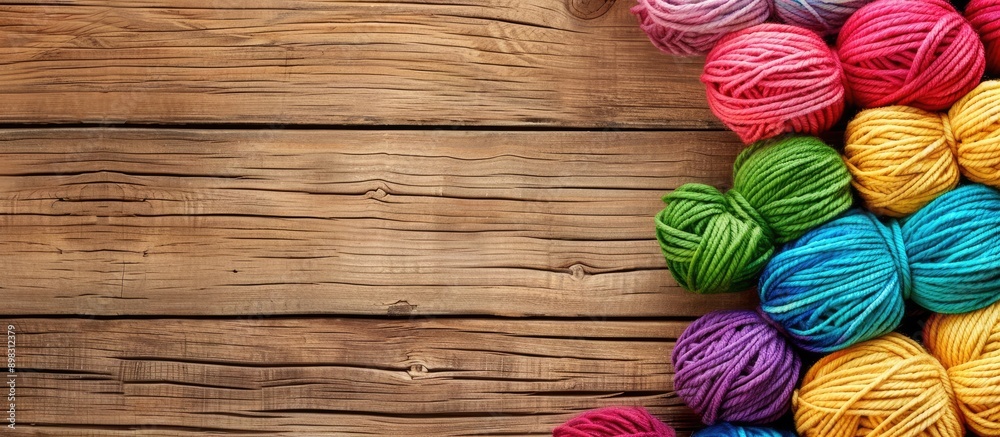 Poster bright wooden background with copy space image featuring multicolored decorative yarns