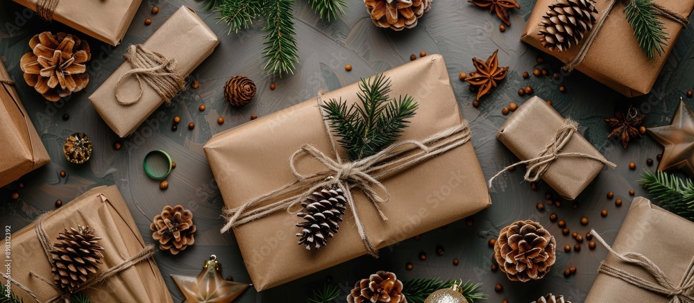 Poster brown wrapping paper adorned with christmas gifts wooden decorations and cones offering ample copy s