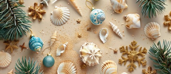 DIY beach themed ornaments with golden and blue seashells moss on a beige backdrop with room for text Great for decorating Christmas trees Top down view. Creative banner. Copyspace image