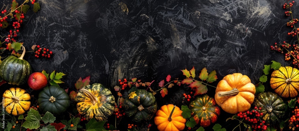 Poster Autumn display of colorful pumpkins and leaves against a black backdrop with space for text in the image. Creative banner. Copyspace image