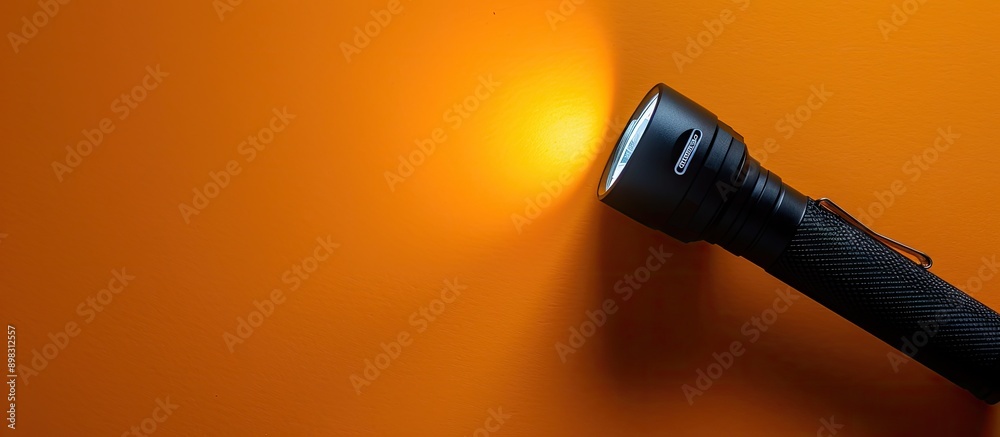 Aufkleber A black flashlight on an orange background with light shining on the way leaving room for text or images. Creative banner. Copyspace image