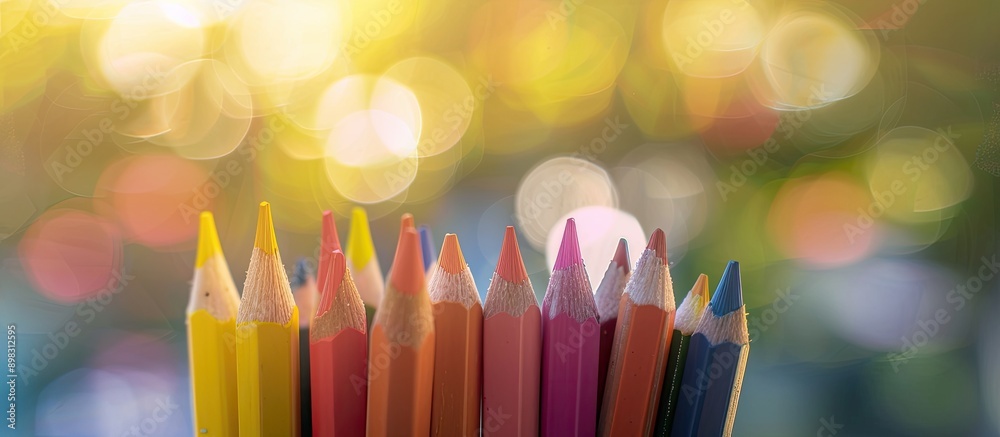Aufkleber blurred background with vivid colored pencils in focus allowing for copy space image