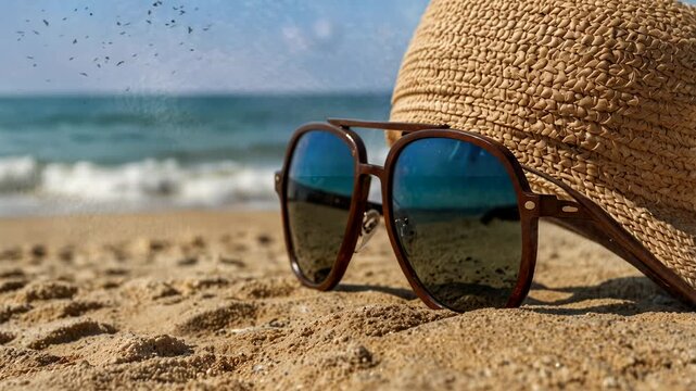 Sunglasses and straw hat with flower on the beach