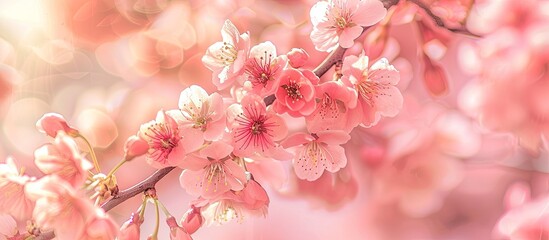 Close up photo of blooming pink Sakura flowers on cherry tree branches with copy space image Perfect for prints decor wallpaper and posters in spring