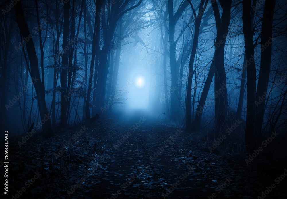 Sticker a foggy, dark forest path illuminated by a bright, full moon in a mystical blue atmosphere.