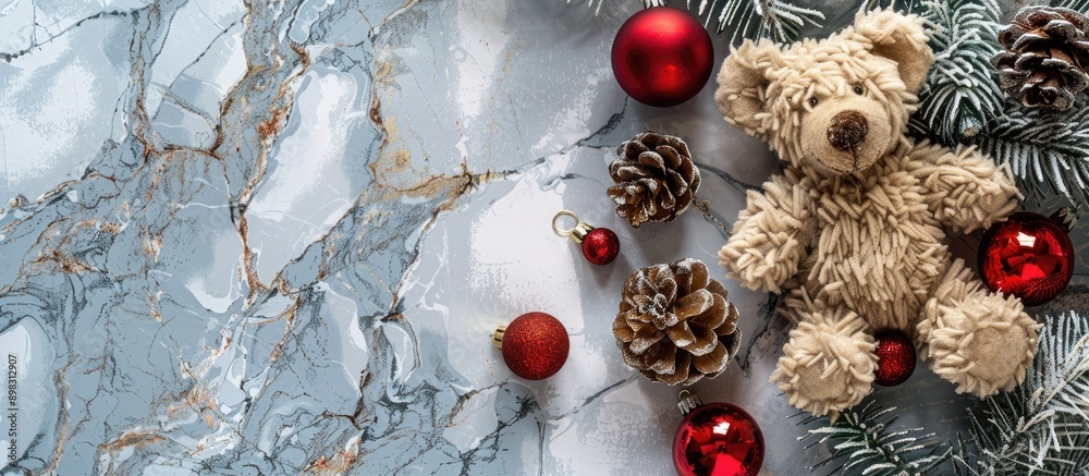 Aufkleber christmas themed flat lay with a festive arrangement of pine cones red baubles and a teddy bear on a