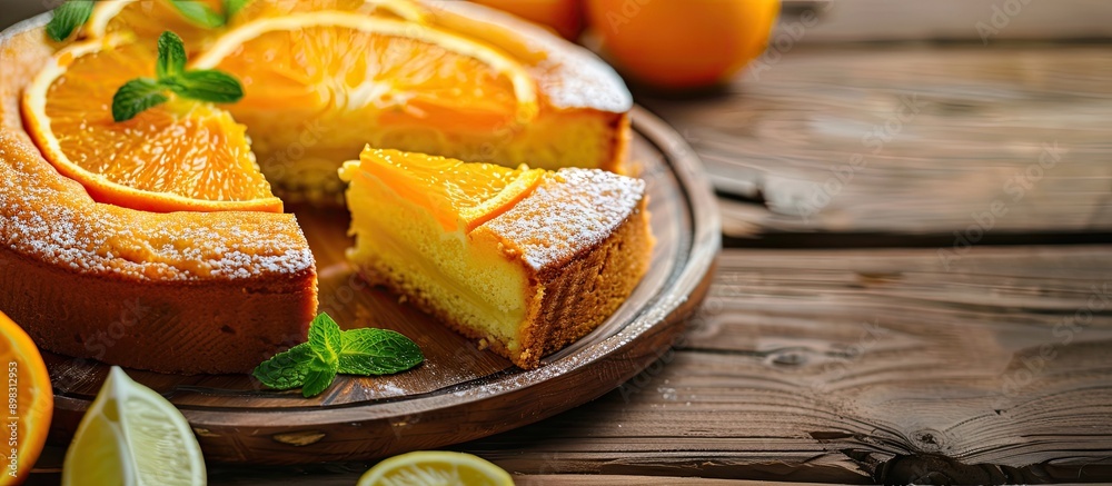 Poster citrus cake slices displayed deliciously on a wooden table with copy space image