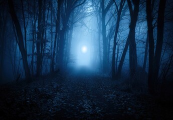 Fototapeta premium A foggy, dark forest path illuminated by a bright, full moon in a mystical blue atmosphere.
