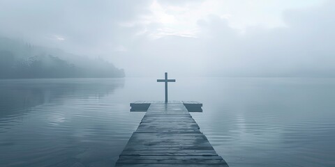 Obraz premium Solitary Cross Over Misty Water at Dawn