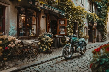 A vintage cafe racer motorcycle parked outside a quaint coffee shop on a cobblestone street