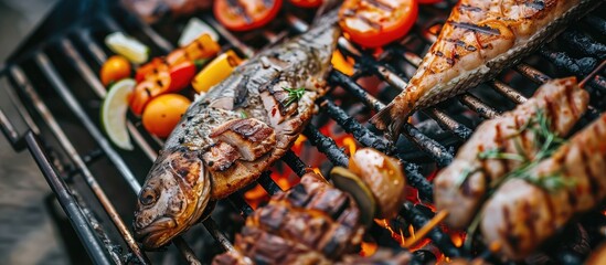 Close up of grilled meat fish and vegetables on a charcoal grill representing organic diet vegan and vegetarian food promoting a healthy lifestyle concept with copy space image