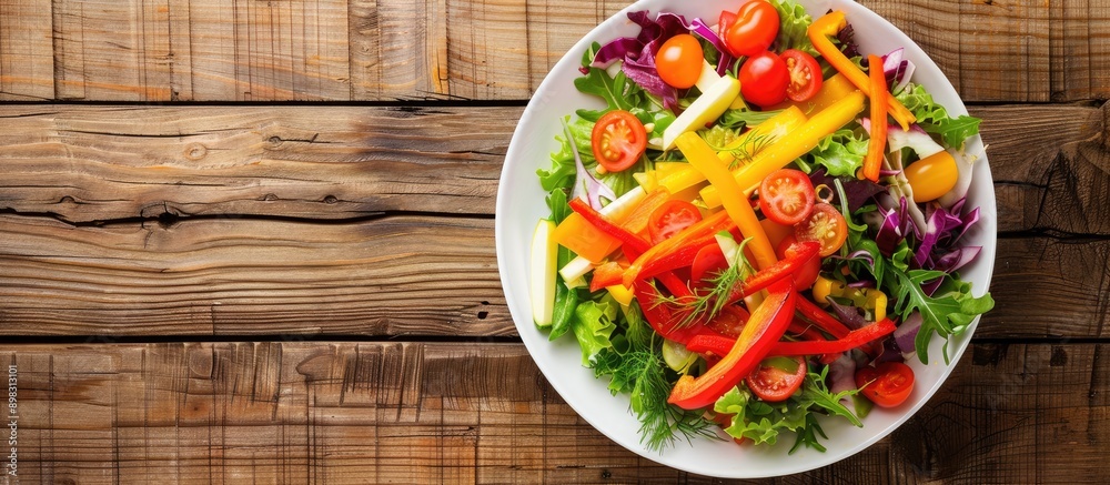 Poster colorful vegetables in a white bowl on a wooden table a healthy and appetizing ready to eat meal top