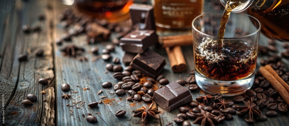 Aufkleber Coffee liqueur is being poured from a bottle into a glass over a rustic tabletop scattered with coffee beans cinnamon anise and chunks of dark chocolate creating a cozy scene with copy space image