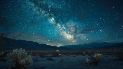  A night sky teeming with stars, numerous cacti in the foreground