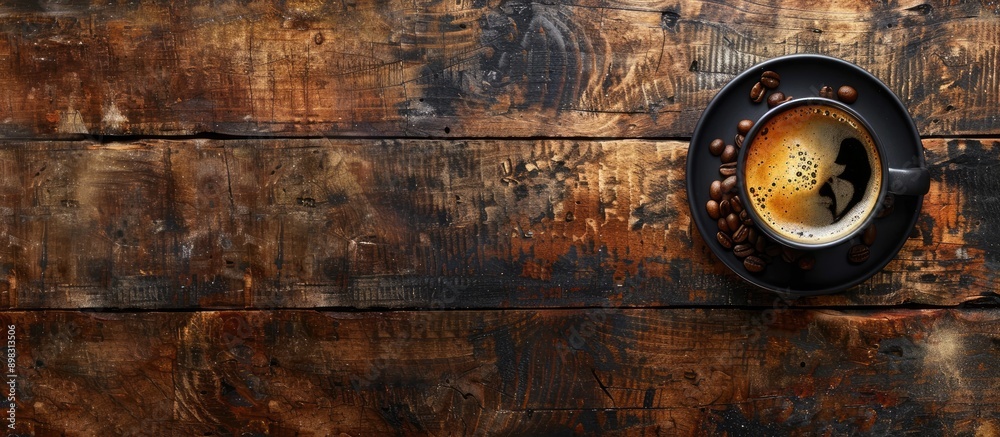 Aufkleber top view of a black cup of hot coffee with cream and beans placed on a brown weathered wooden board 