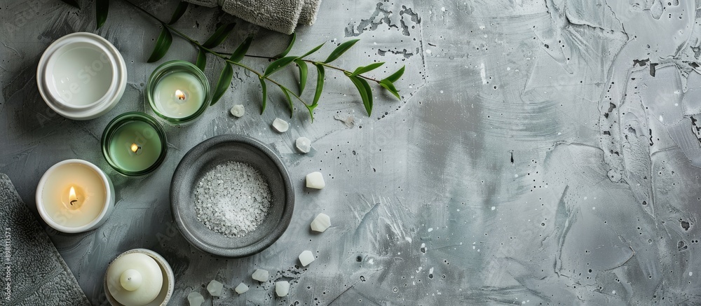 Poster flat lay composition of a spa set massage product for aromatherapy on a concrete background with cop