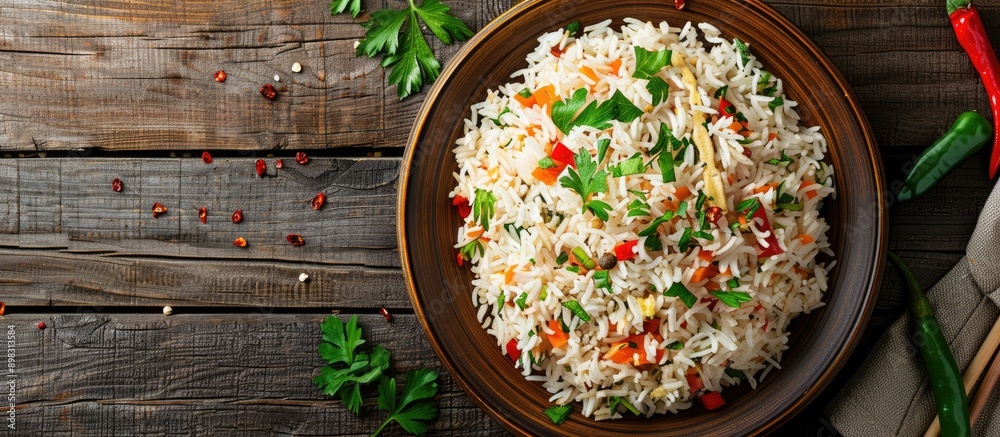 Poster close up top view of a plate on a wooden table displaying delicious fried rice adorned with vegetabl