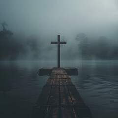 Solitary Cross Over Misty Water at Dawn
