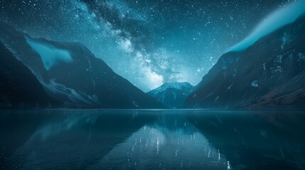 Fototapeta premium A body of water nestled before a mountain range under a starlit sky, teeming with twinkling stars