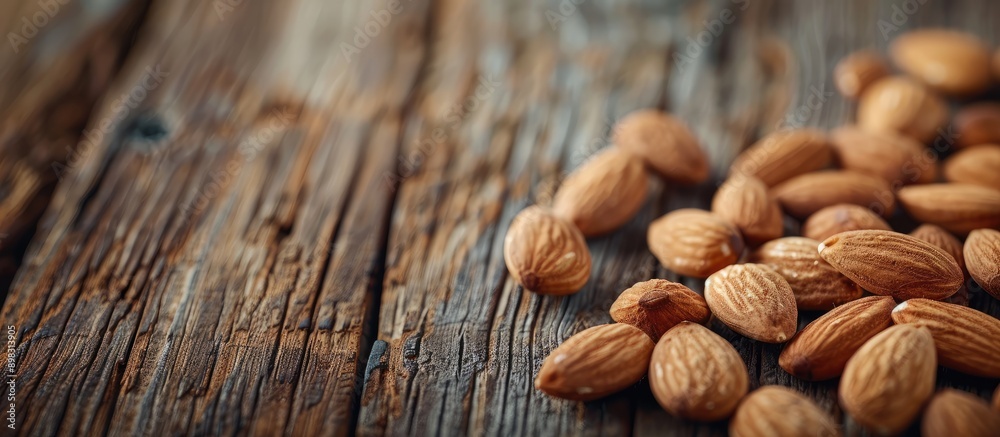 Poster Almonds arranged on a wooden table with available copy space image