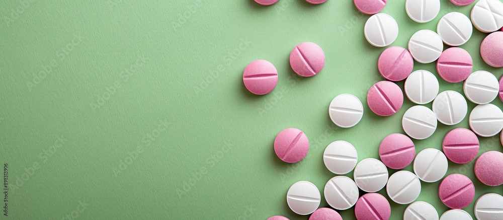 Poster bulk white and pink tablets on a green background with copy space image