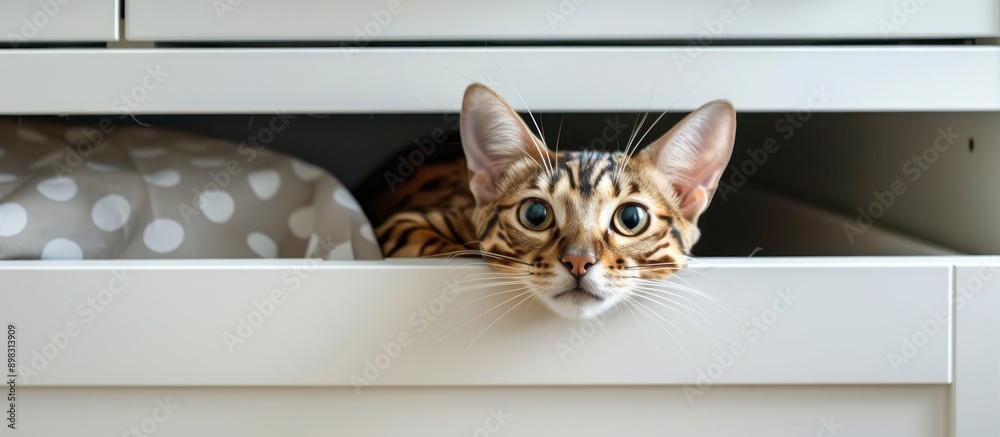 Poster a bengal cat is concealed in the wardrobe s white drawer with copy space image